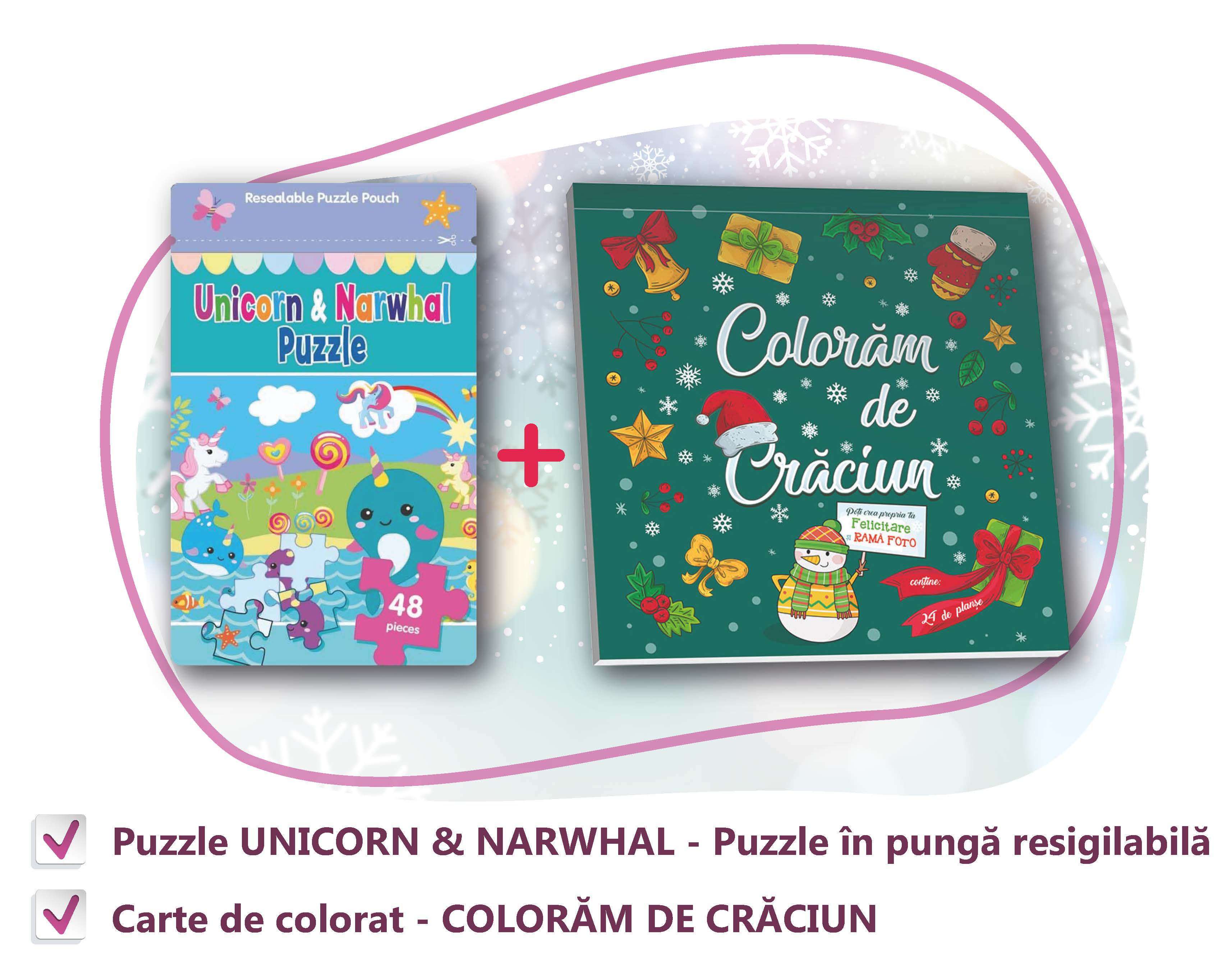 PACHET CADOU CRACIUN - CARTE DE COLORAT + PUZZLE UNICORN & Narwhal